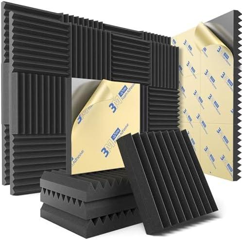 36 Pack Sound Proof Foam Panels for Wall with Self Adhesive, 2" X 12" X 12" High Density Acoustic Panels Sound Absorbing Quick-Recovery, Wedges Soundproof Wall Panels for Gaming & Studio Decor - Black