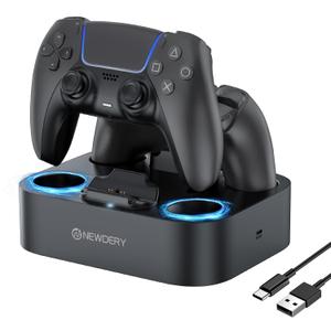 NEWDERY for PS5 Controller Charger Station Compatible with Dualsense Edge, Fast Charging Dock Stand with Cable, Dual Controller Charging Station for PlayStation 5 &for DualSense Edge (Black)