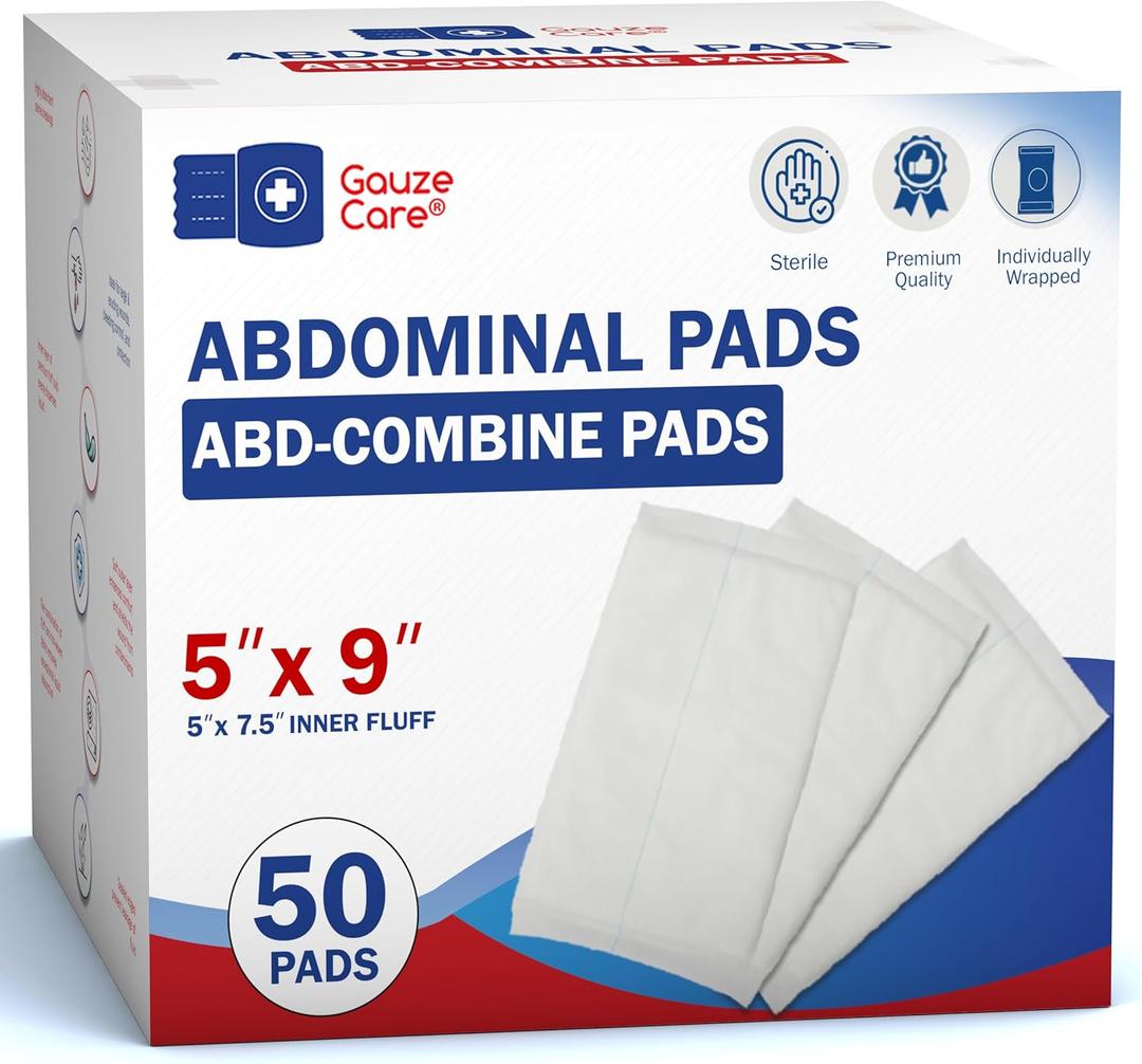 GauzeCare Sterile Abdominal ABD Combine Pads| 50Pack, 5 x 9 Inches| Extra Absorbent & Thick, Individually Wrapped Wound Dressing, First Aid Pads| SurgicalGrade, Nonstick for Heavy Leakage, Post Op