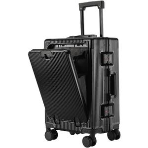 Lightweight Cabin Suitcase 4 Wheels, Hard Shell Suitcase with TSA Approved Luggage Lock, Carry on Luggage with Cup Holder and USB Charging Port, Front Open Luggage (Black, 20in)