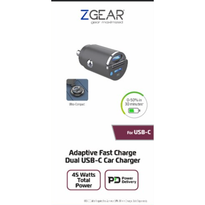 Z GEAR Adaptive Fast Charge. Dual USB-C Car Charger.