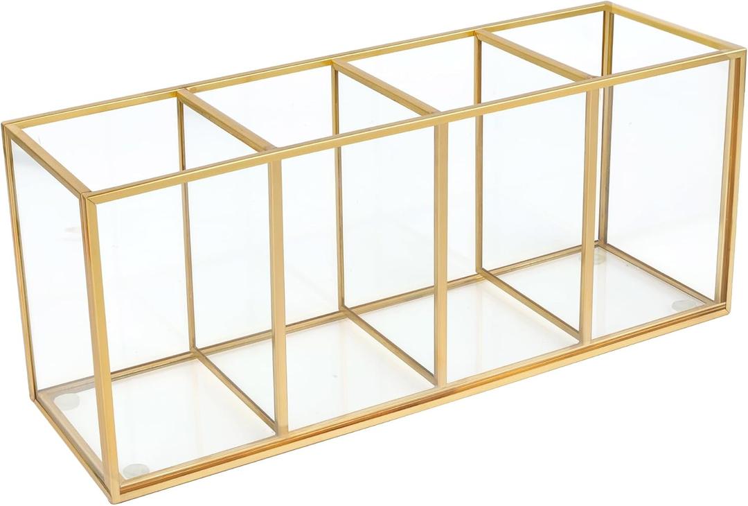 Pencil Holder for Desk,Tempered Glass Pen Holder,3&4 Compartments,Desktop Storage Organizer for Office Supplies,School Supplies,Pens,Markers,Pencils,Scissors,Paperclips (Gold, 4 compartments)
