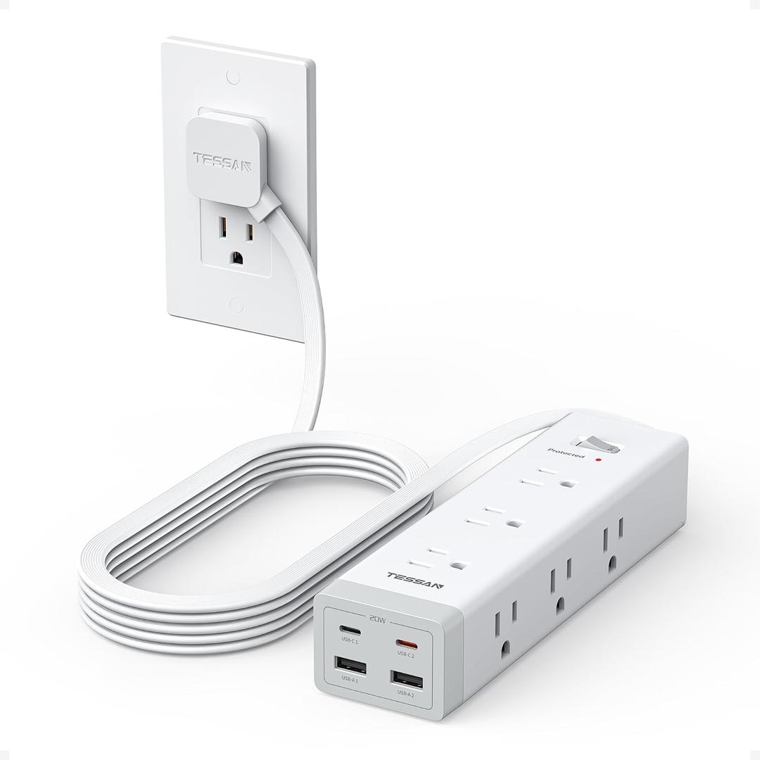 TESSAN Surge Protector Power Strip PD 20W, Ultra Thin Flat Plug 10 FT Extension Cord, 9 Outlets 4 USB(2 USB C), 1050J Protection Multiple Outlets Charging Station for Home, Office, College Dorm Room