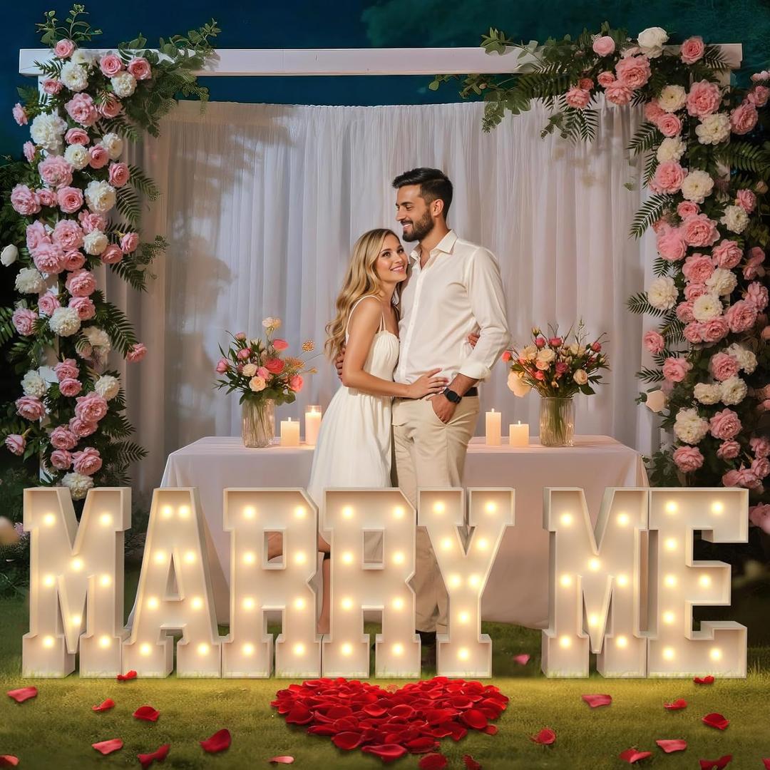 Marry Me Light-up Letters Sign: Big Will You Marry Me Sign 2.3FT Large Marquee Letters Light up Sign for Wedding Engagement Proposal Party Decorations with 2000 Red Rose Petal Make Romantic
