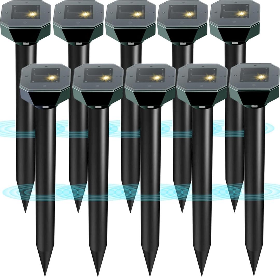 Snake & Mole & Rabbit & Skunk Repellent Solar Powered, 2026 Upgraded Ultrasonic Deterrent, IP65 Waterproof, Gopher Groundhog Chipmunk Raccoon and Vole Repellent & Deterrent for Lawn & Garden, 10 Pack