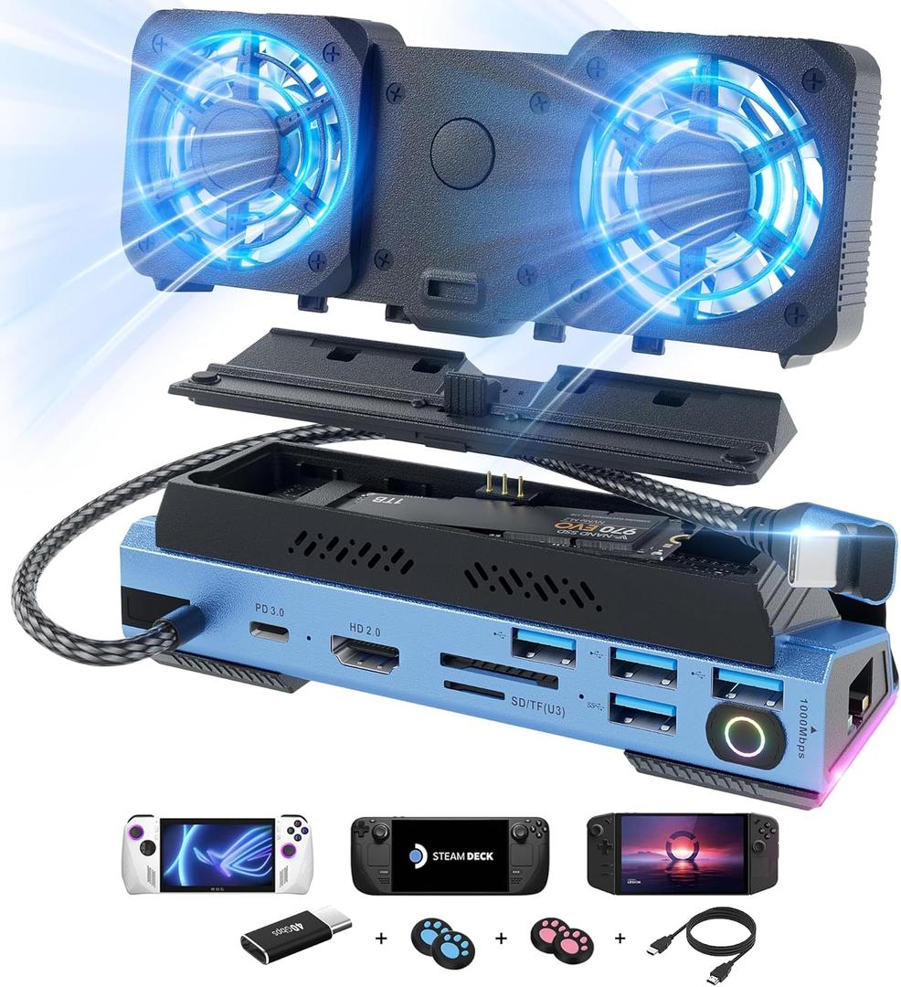 14 in 1 Steam Deck Docking Station with Dismantling Cool Fans M.2 NVMe Enclosure,4K@60Hz,1000Mbs Ethernet,SD/TF,4 USB A,100W PD Charging 40Gbps Adapter for Steam Deck/Rog Ally/Switch/Legion Go