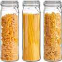 ComSaf 60oz Airtight Glass Jars Set of 3 with Lids Food Storage Jar Round - Tall Spaghetti Container with Clear Preserving Seal Wire Clip Fastening, Pasta jar for Kitchen Canning, Nut,Oat, Dry Goods