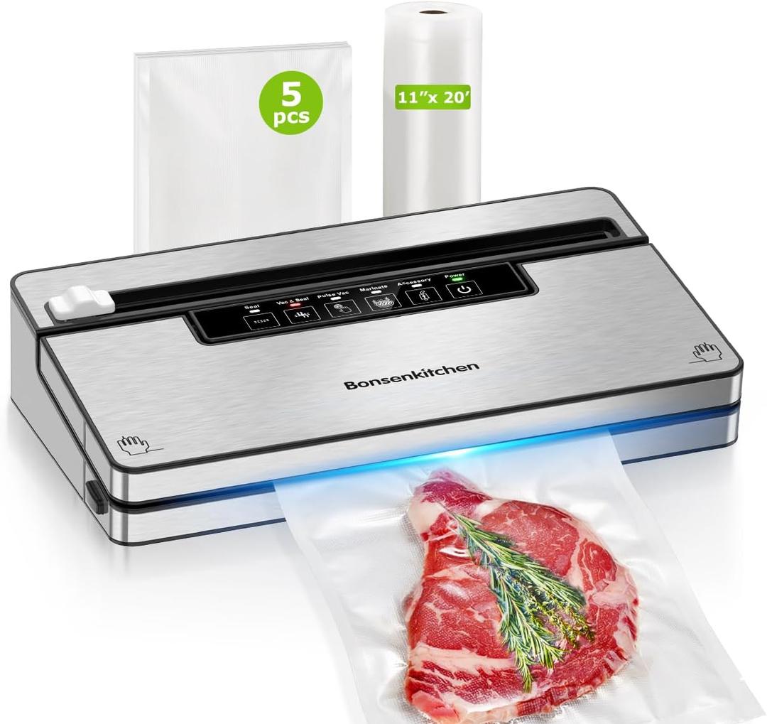 Bonsen kitchen Vacuum Sealer Machine, Stainless Steel Food Sealer Vacuum Sealers with 1 Roll & 5 Bags, 5 Food Vacuum Modes, Built-in Cutter & Bag Storage (Silver Black)