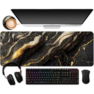 Extended Mouse Pad with Cup Coaster for Computer and Keyboard31.5 X 11.8 inch Gaming Mouse Pad Desk Mat - Black Rose Gold Marble