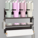 AFKLMNE Magnetic Tumbler Organizer for Stanley Cup 20/30/40 oz with Paper Towel Holder, Strong Magnetic Cup Holder for Fridge Water Bottle Storage Rack (Black, 4 Cup)