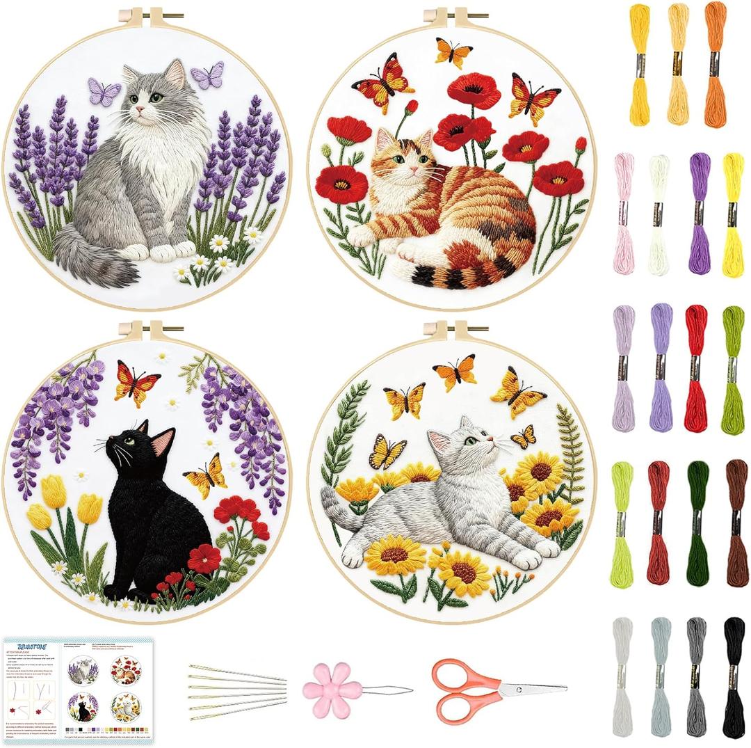 BEUNITONE 4 Set Embroidery Kit for Beginners, Cat and Butterfly Pre-Stamped Pattern Needlepoint Kits for Adults with Hoop and Instruction, Cute Hand Embroidery Patterns for Cloth and Home Decor