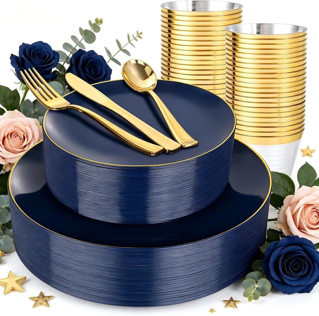 WDF 150pcs Blue plastic Plates - Navy Blue Plates Disposable - 25guest Disposable Dinnerware Sets for Party/Wedding/Birthday/Graduation