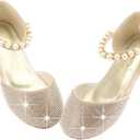 GOJERP Toddler Little Girl's Adorable Mary Jane Dress Shoes, Pearl Bow Ballet Flats for Girl Wedding Party School Shoes (Golden, Numeric_8)