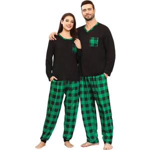 SWOMOG Couple Matching Pajamas Plaid Long Sleeve Christmas Pjs for Men and Women Soft Warm Loungewear with Pocket (XX-Large, Black Green Grid)