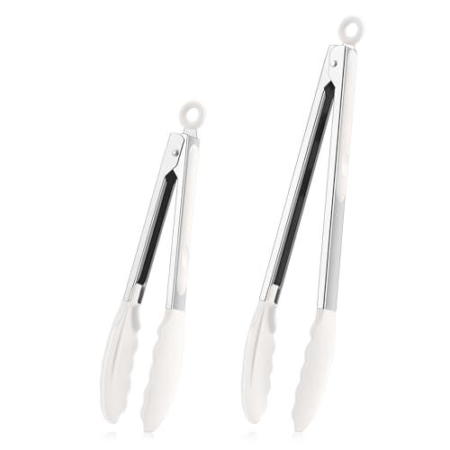 TeamFar Kitchen Tongs, 9" and 12" Stainless Steel Cooking Tongs with Silicone Tips for Cooking Grilling Serving & BBQ, Heat Resistant Silicone Tongs, Locking Design & Dishwasher Safe, Set of 2 & White