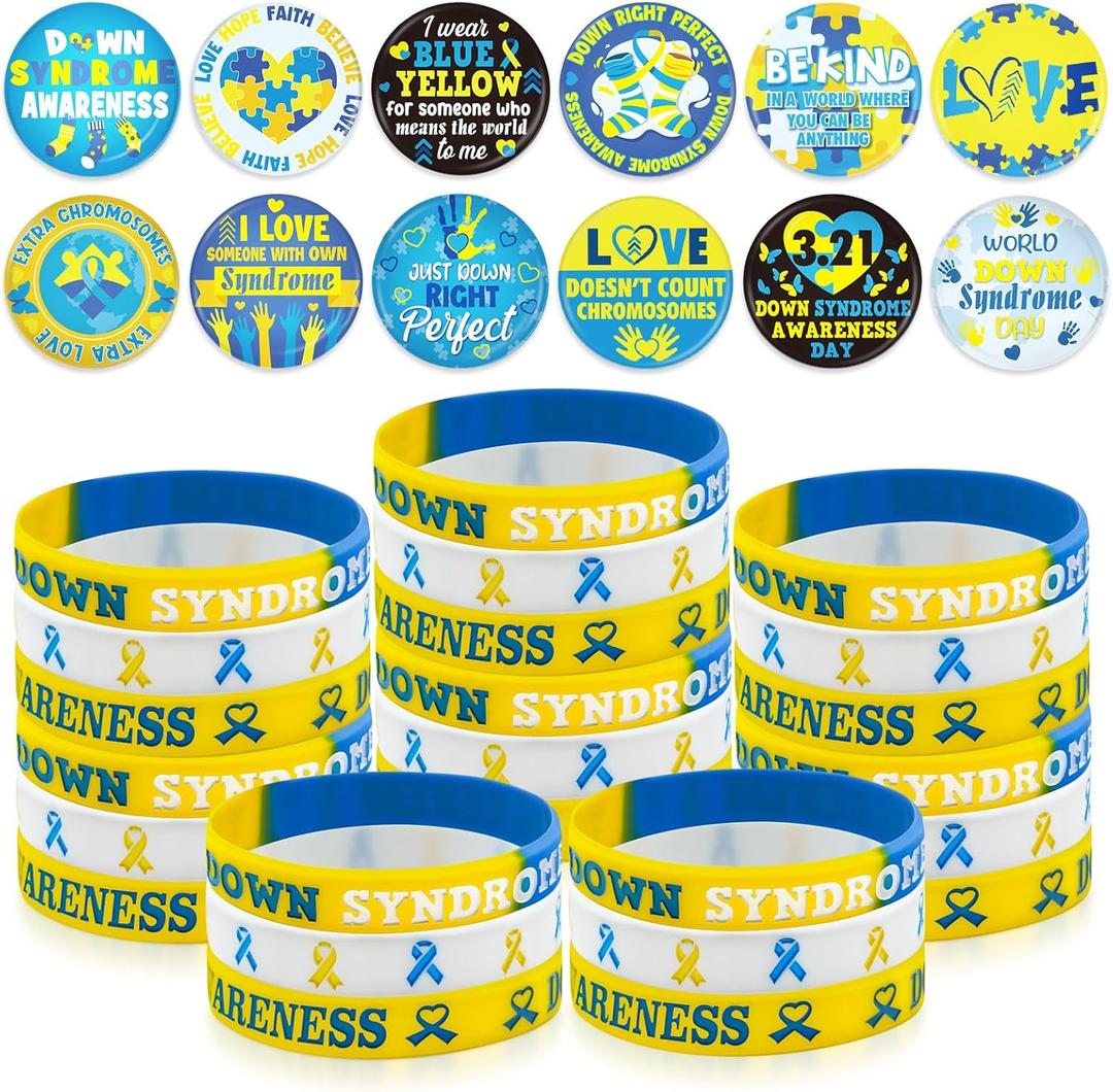 60 Pcs Down Syndrome Accessories Bulk Include 30 Blue Yellow Ribbon Awareness Silicone Bracelets and 30 Ehlers Danlos Syndrome EDS Special Education Badges Button Pins for Social Charity Event