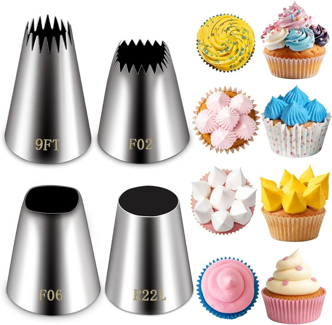 Suuker extra large piping tips set (F02 F06 9FT R22L), stainless steel round piping tip,large star square wide jumbo piping tips,eclair churro meringue for cake cupcake cookie decorating