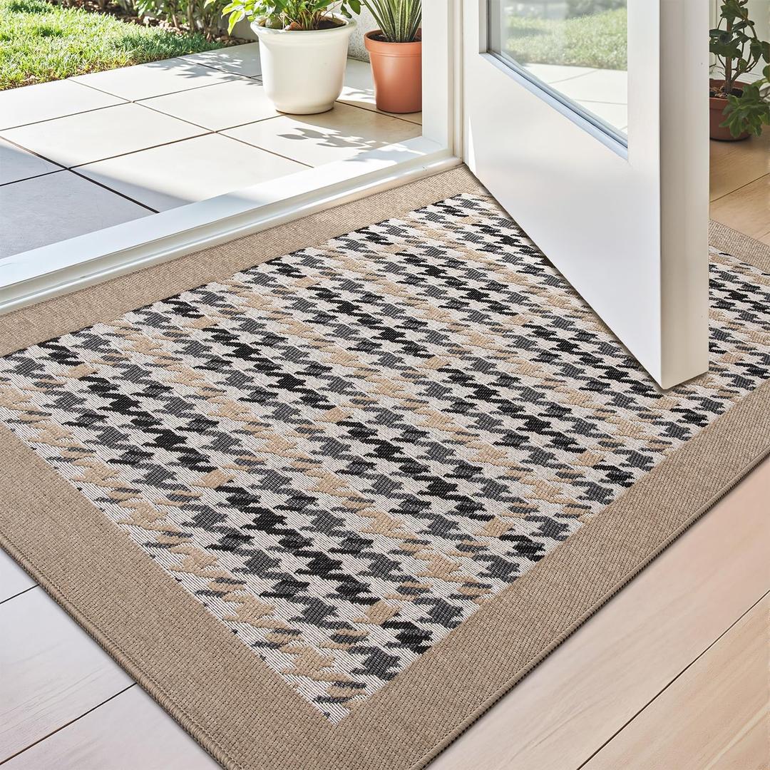 LUMI Door Mat Indoor Entrance, Dirt Resist Low Profile Entryway Mats, Non-Slip Rubber Backing Indoor Door Mat, Inside Thin Doormats for Floor, Front Door, Garage, 18"x30", Khaki Houndstooth