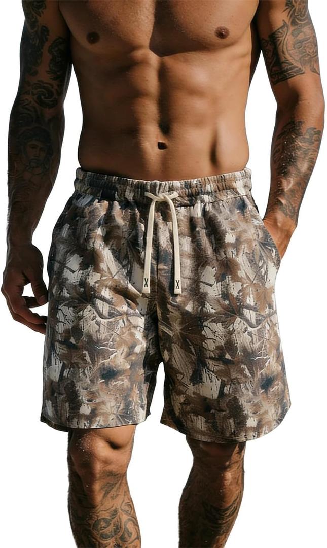 UOUA Mens Mesh Camo Graphic Shorts Vintage Designer Workout Shorts Casual Cool Streetwear Waist Pants (L)