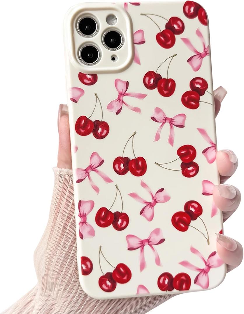 NITITOP Compatible with iPhone 11 Pro Max Case Cute Cherry Bow Ribbon Design for Women Girls Soft TPU Fit Slim Stylish Full Camera Protection Phone Cover - White