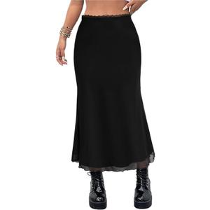 Avanova Women Mesh Long Skirts High Waisted Mermaid Bodycon Spring Midi Casual Skirts Black Solid, Small