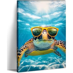 Funny Turtle Wall Art Sea Turtle with Glasses Picture Marine Life Canvas Prints Ocean Painting Modern Prints for Bathroom Living Room Home Wall Decor Framed - 16.00"x24.00"