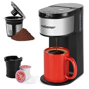 Ranbomer K Cup Coffee Maker, Single Serve coffee machine or Ground Coffee Machine 2 in 1, 6 to 14 Oz Brew Sizes, Mini One Cup Coffee Maker with Self cleaning Function