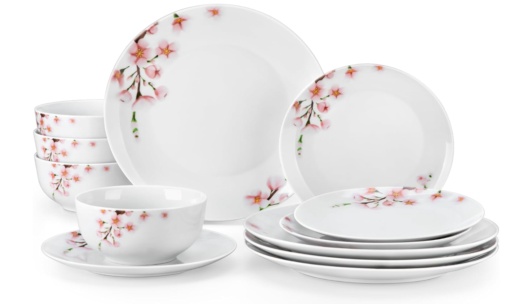 VEWEET Porcelain Dinnerware Sets for 4, 12 Pieces Plates and Bowls Set with Pink Floral, Kitchen Dishes Set Dining Ware for Family, Microwave and Dishwasher Safe, Series ANNIE