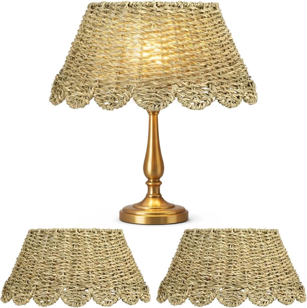2Pcs Scalloped Lamp Shade, 12.6 x 6.3 in Wicker Lamp Shades Handmade Seagrass Woven Boho Lampshade Set, Rustic Table Lamp Shade for Home Nightstand Bedroom Deco