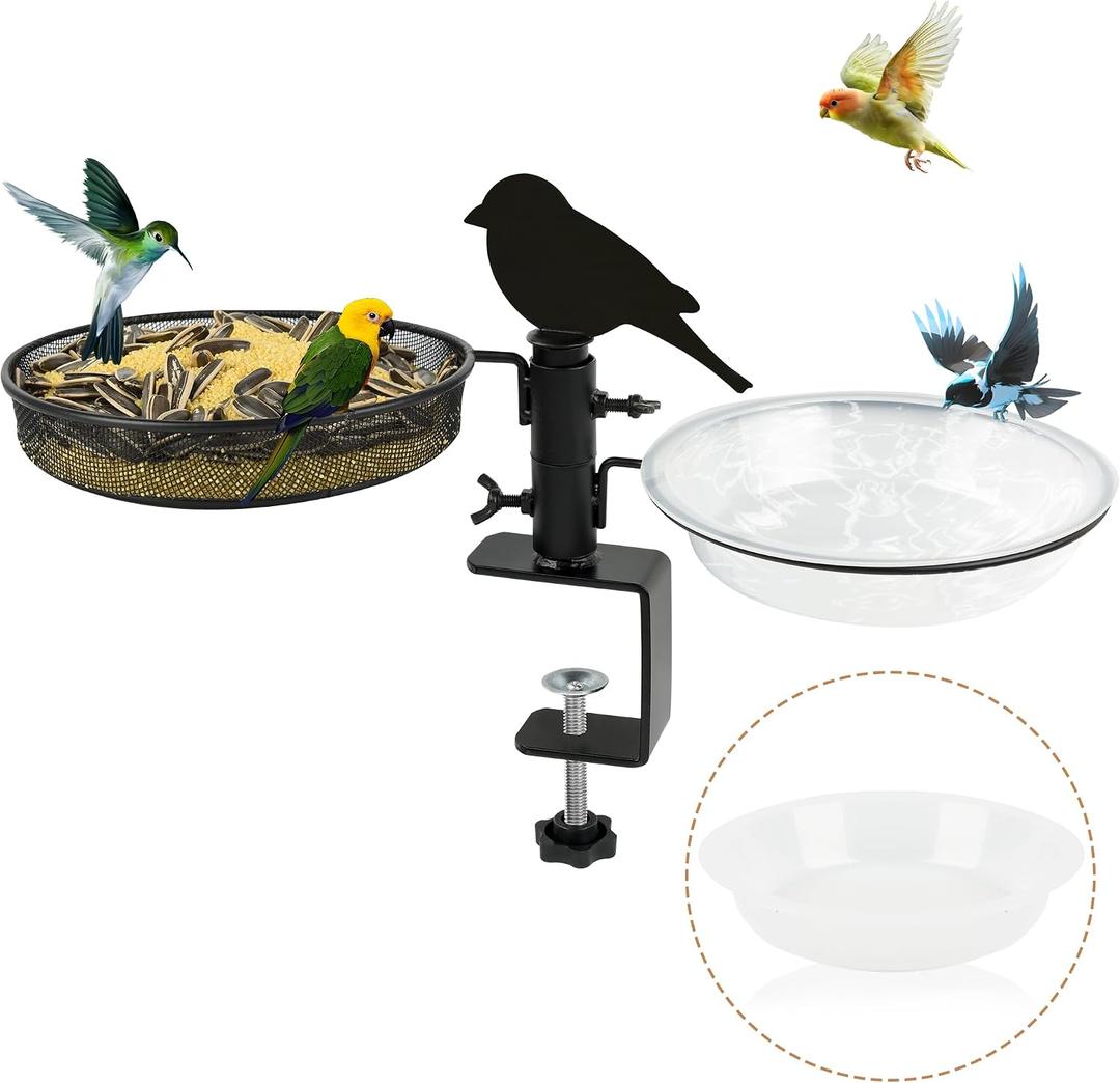 Bird Feeder 3 Inch Clamp for Deck Railings-Balcony Bird Feeder with Metal Tray & 2 Bowls, All-in-One Backyard Gift Attract Birds to Balcony, Porch, Patio Metal Bird Bath Being Structure Plastic Bowl