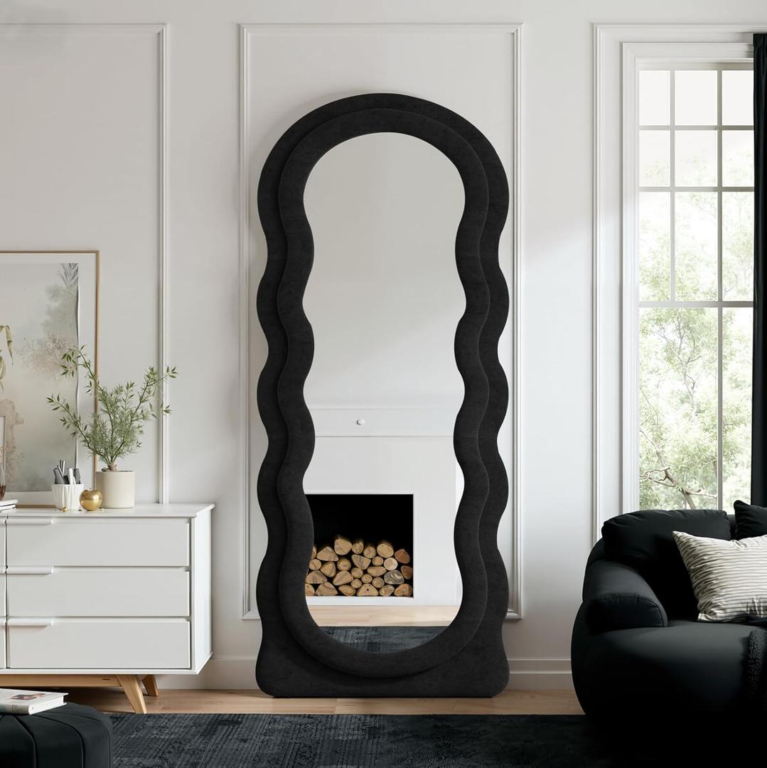 Full Length Mirror 71"x30" Irregular Wavy Full Body Wall Mounted Floor Mirror with Stand Black Flannel Frame Leaning Hanging Wall for Bedroom Entrance Hallway