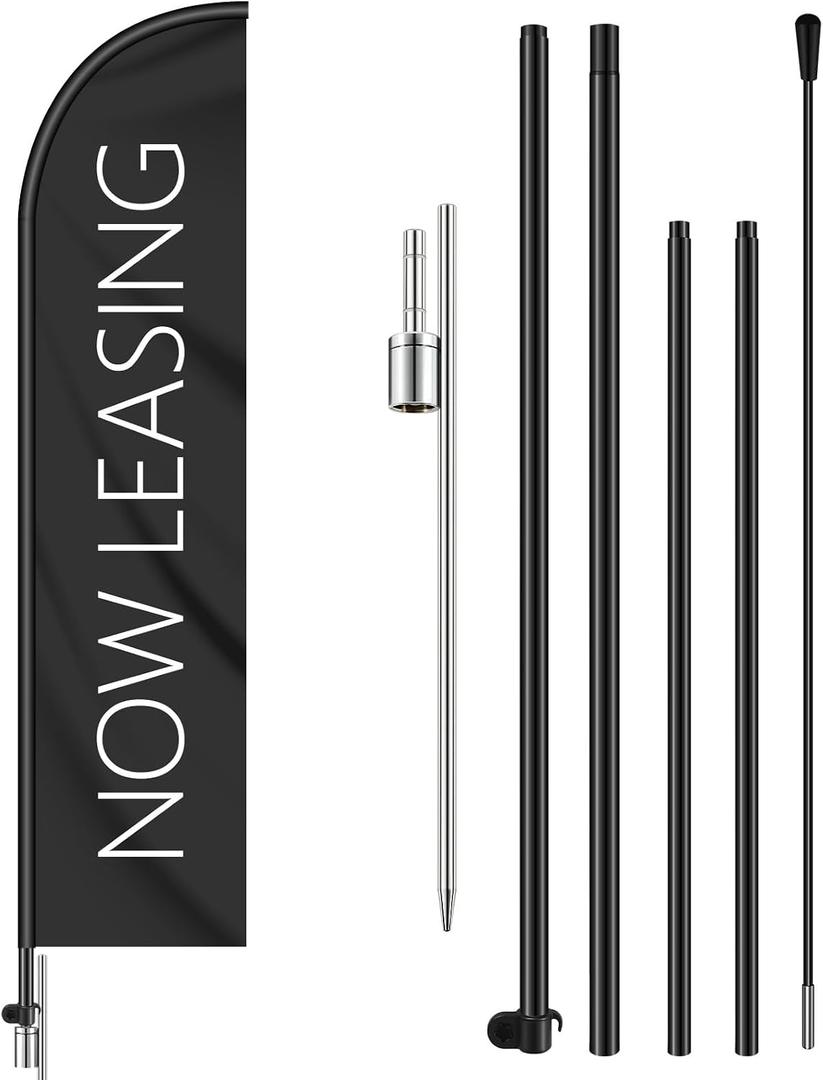 Remagr 1 Set 15FT Now Leasing Flags Feather Flag Pole Kit, Black, 36 x 7.6 inches