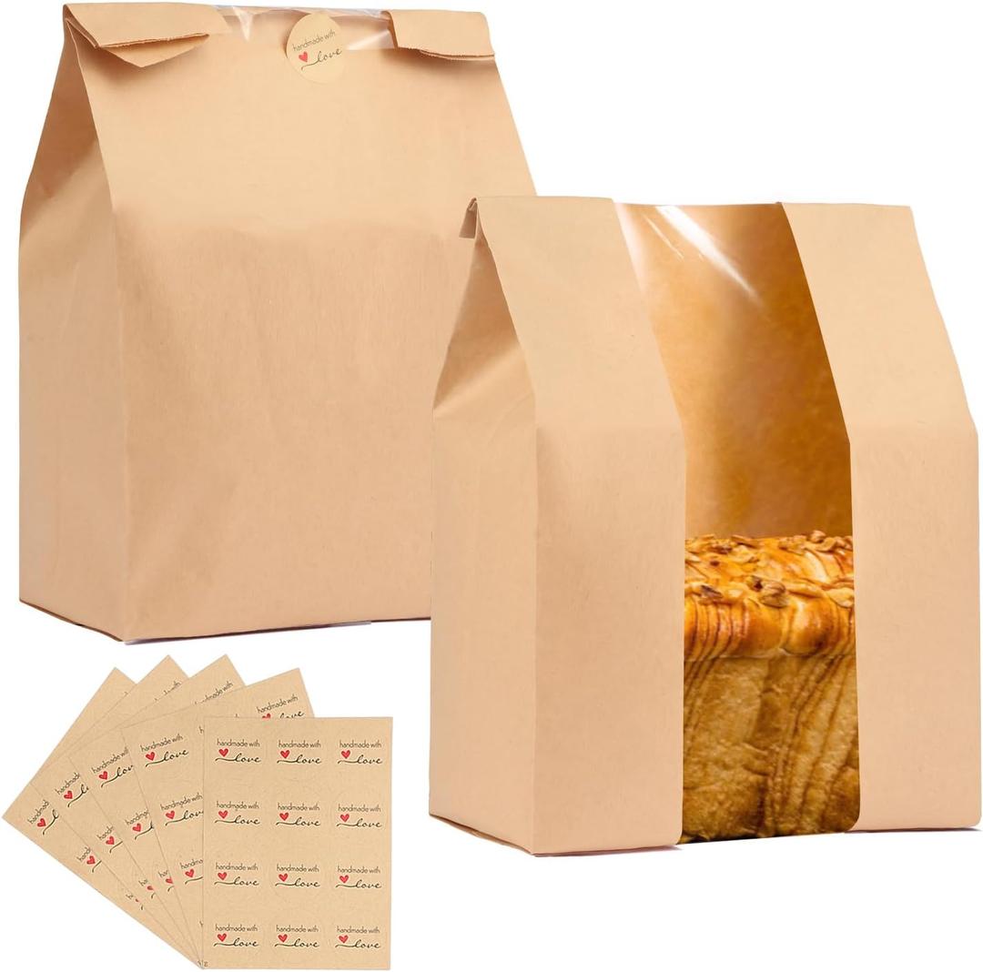 100 Pack Extra Large Paper Bread Bags for Homemade Bread,16105 inch Sourdough Bags with Label Seal Stickers,Kraft Bakery Bag with Clear Front Window