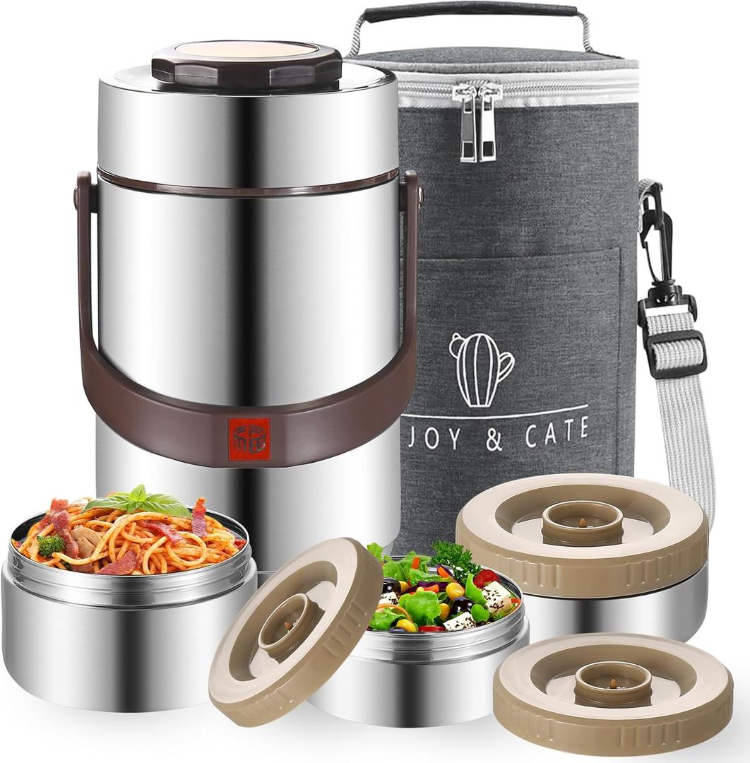 67 Oz Adults Stainless Steel Vacuum Soup Thermo For Hot Food with Inserts Stackable Bento Box and Lunch Bag,Width Mouth Portable Nsulated Food Jar Lunch Container (silvery, 67 oz)