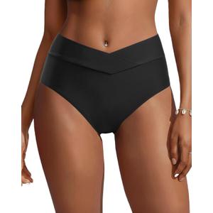 Zmart Womens High Waisted Bikini Bottoms - V Cut Full Coverage Bathing Suit Swimsuit Bottom with Twist Front (Large, Black)