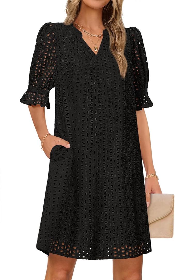 MEROKEETY Women's 2026 Summer Short Sleeve Mini Dress V Neck Ruffle Hollow Out Eyelet Lace Dresses (L)