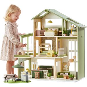 Tiny Land Wooden Doll House, Modern Family Dollhouse with Realistic Design, 7 Rooms Dollhouse with 49 PCS Accessories, Montessori Pretend Play Toddler Toy, Ideal Gift for Kids Ages 3+, Green