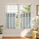 jinchan Striped Linen Kitchen Curtains with Attached Valance 24 Inch Length Cafe Tier Curtains for Living Room Rustic Half Window Light Filtering Rod Pocket Small Drapes 2 Panels Blue