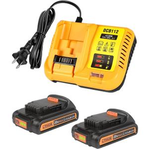 2Pack 3.0Ah 20V Battery with Charger Replacemen for Dewalt 20V Battery DCB200 DCB201 DCB203 DCB204 DCB205 DCB206 DCD/DCF/DCG Series Tools