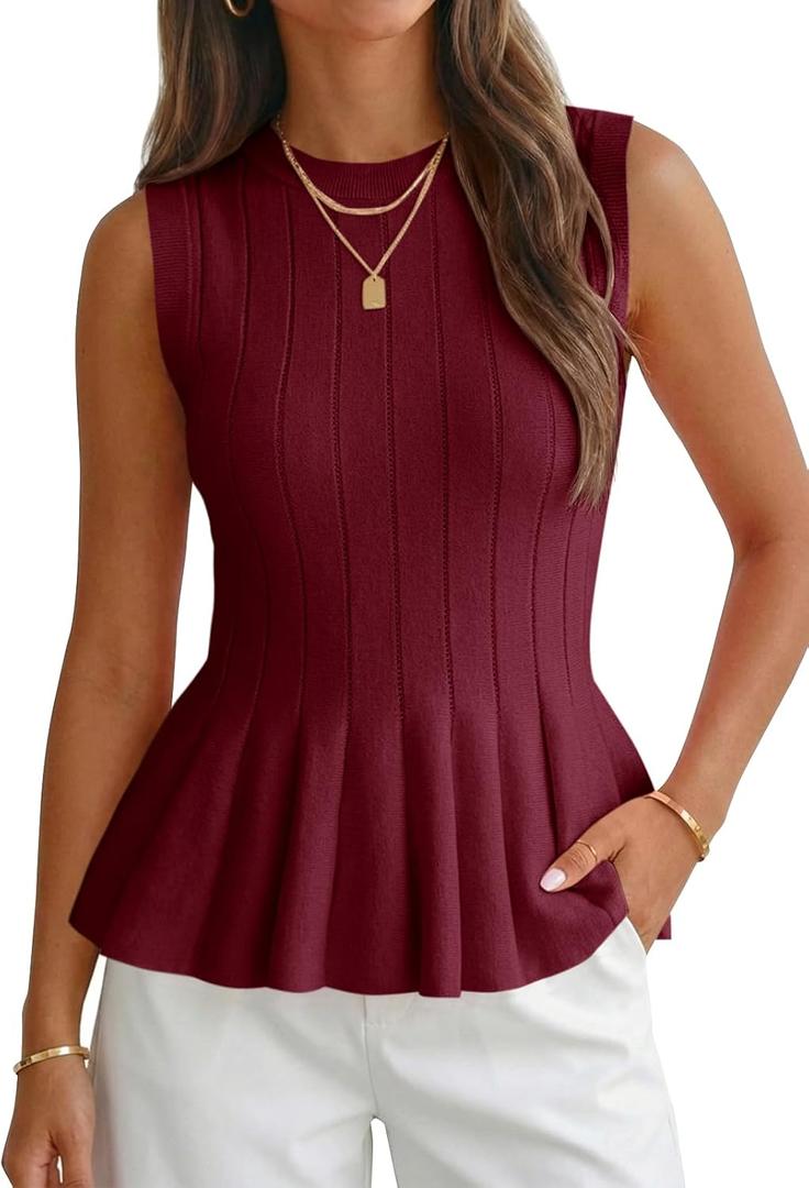 Cicy Bell Womens Pleated Peplum Tank Tops Fitted Blouses Fall Sweaters (Red, M)
