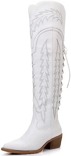 GLOBALWIN Women's White Cowboy Boots Western Fashion Over The Knee Thigh High Cowgirl Boots Low Heel Size 7M