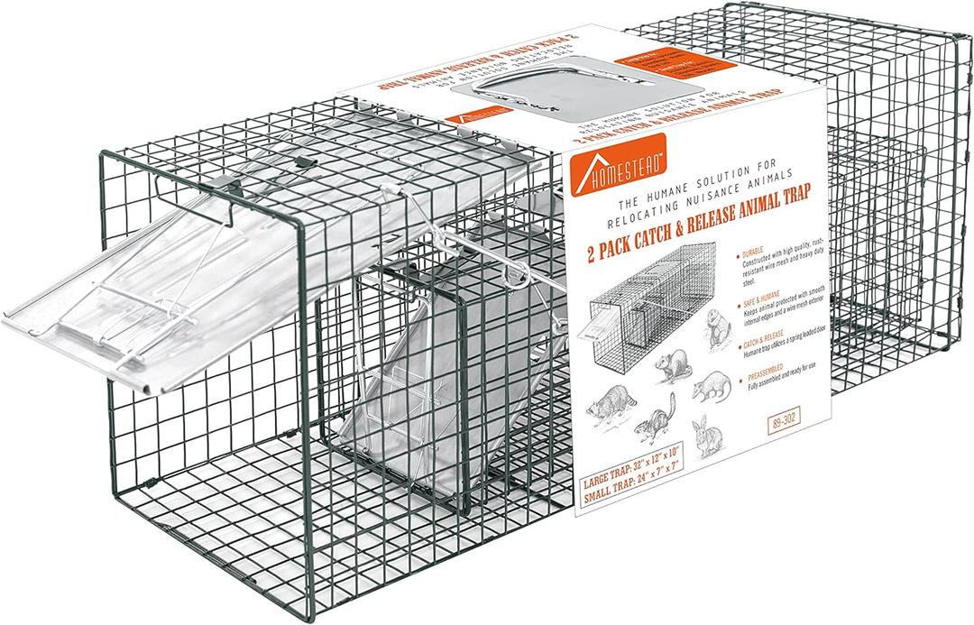 HOMESTEAD 2-Pack Live Animal Trap - Specialized for Raccoons, Opossums, Groundhogs, Skunks, Feral Cats, Squirrels - Heavy Duty Steel Traps, 1-Door, Green, Humane Catch & Release Animal Trap,89-302