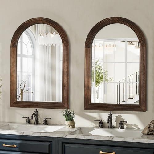 LOSOUR 2 Pack Arched Mirror, Farmhouse Decor Solid Wood Frame Wall Mirror,Vintage Bathroom Mirrors for Bathroom, Living Room,Bedroom, Entryway, Hallway,Foyer (Coffee, 2 Pack-30 L x 20" W)