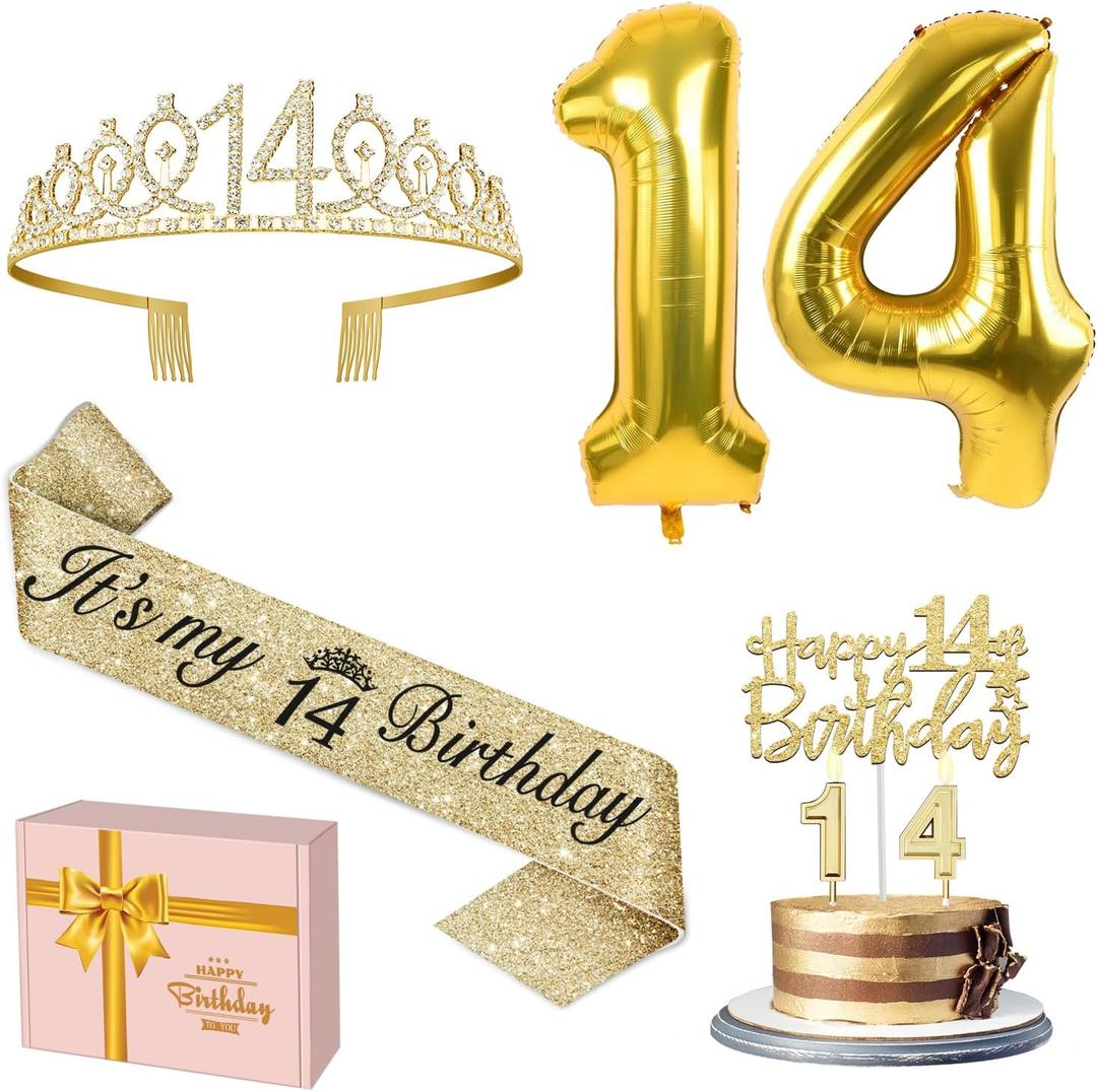 14th Birthday Decorations for Girls Gold with 14th Birthday Sash and Tiara, Candles and Cake Toppers, Number Balloon, 14 Year Old Gifts for Girls