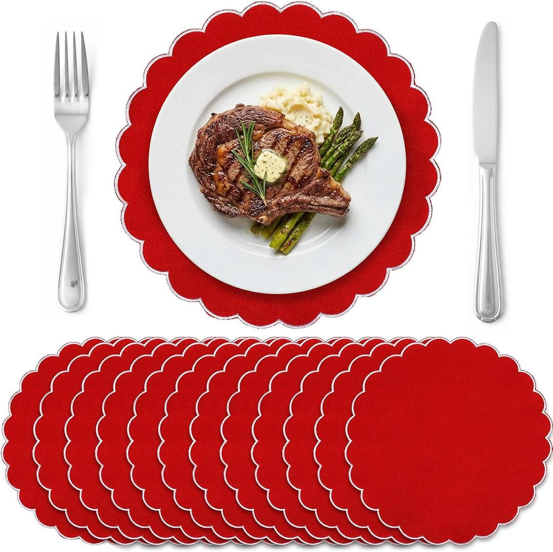 Set of 12 Red Cotton Placemats 15 Inch Round Scalloped Embroidery Placemats Washable Double Layered Rustic Table Mat Fabric Napkins for Wedding Table Decor, White Edge