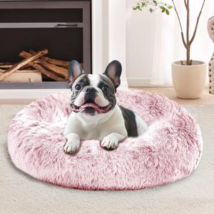 JOLLYVOGUE Calming Dog Bed for Small Dogs - 23 inches Donut Washable Small Dog Bed for Kittens & Puppies, Anti-Slip Round Fluffy Plush Faux Fur Cat Beds (Fits up to 25 lbs Pets, Smoke Pink)