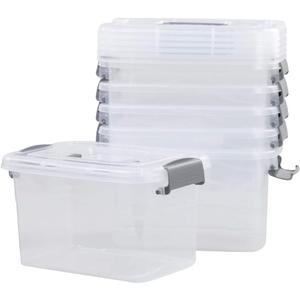 6-Pack Home Storage Bins, Plastic Container, Latching Box with Handle (Grey handle)