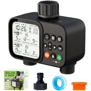 Sprinkler Timer for Garden Hose, 2 Zone Water Timer with with Auto Rain Delay, IP54 Waterproof 3.3“ Large LCD Drip Irrigation System Timers for Plant, Yard, Lawns, Outdoor