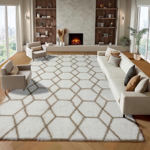 ONASAR 8x10 Area Rugs for Living Room, Fluffy White and Beige Bedroom Rug, Geometric Boho Large Soft Plush Shaggy Fuzzy Floor Carpet for Nursery Kids Classroom Playroom Dorm Home Decor