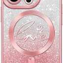 Hython for iPhone 13 Pro Case Glitter, Clear Magnetic Phone Cases with Luxury Love Heart Pattern [Compatible with MagSafe] Bling Sparkle Plating Soft TPU Slim Shockproof Protective Cover Women, Pink